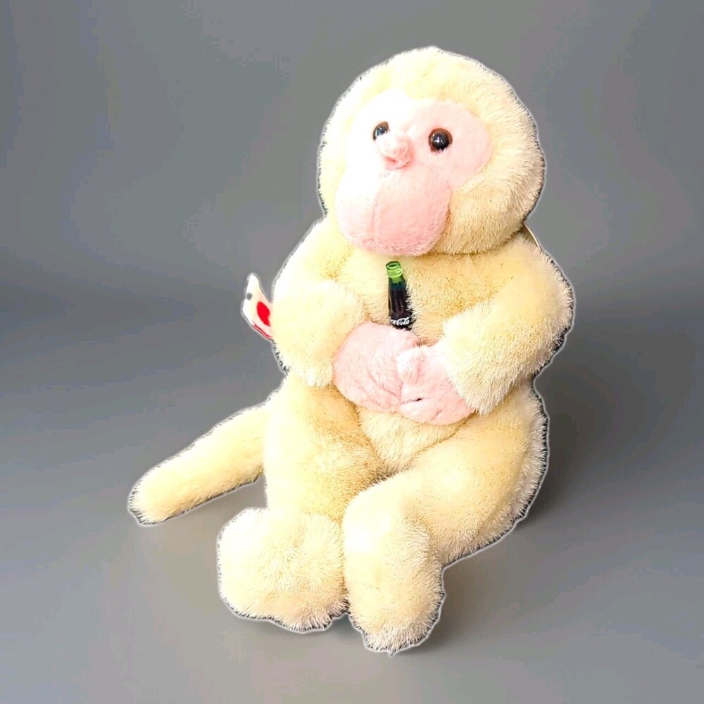 Coca-Cola Plush Monkey Holding Coke Bottle, Ivory & Pink Stuffed Animal